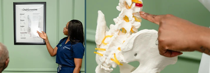 Chiropractor Christy Onya explains a spinal anatomy chart and points to a vertebra on a model of the human spine.