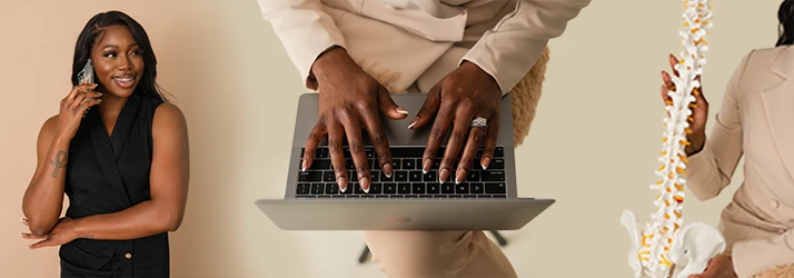 Chiropractor Christy Onya shown talking on a phone, working on a laptop, and standing beside a model of a human spine.