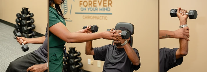 Chiropractor Christy Onya assists a patient performing dumbbell exercises during a physical rehabilitation session.