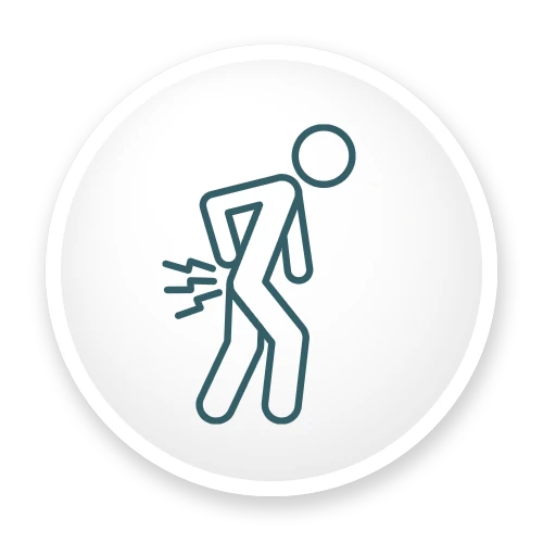 Icon of a person holding their lower back with pain lines indicating back pain links to Sciatica informational page.
