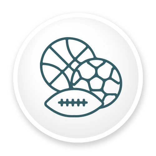 Icon of a basketball, soccer ball, and football representing sports and athletic activities links to sports injury informational page.
